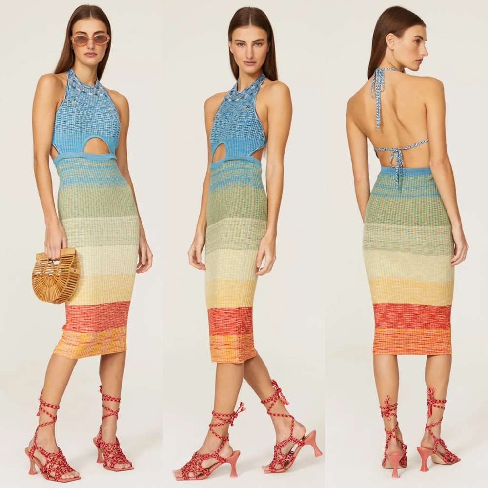 Staud Edesia cutout space-dyed ribbed-knit open back halter midi dress S small